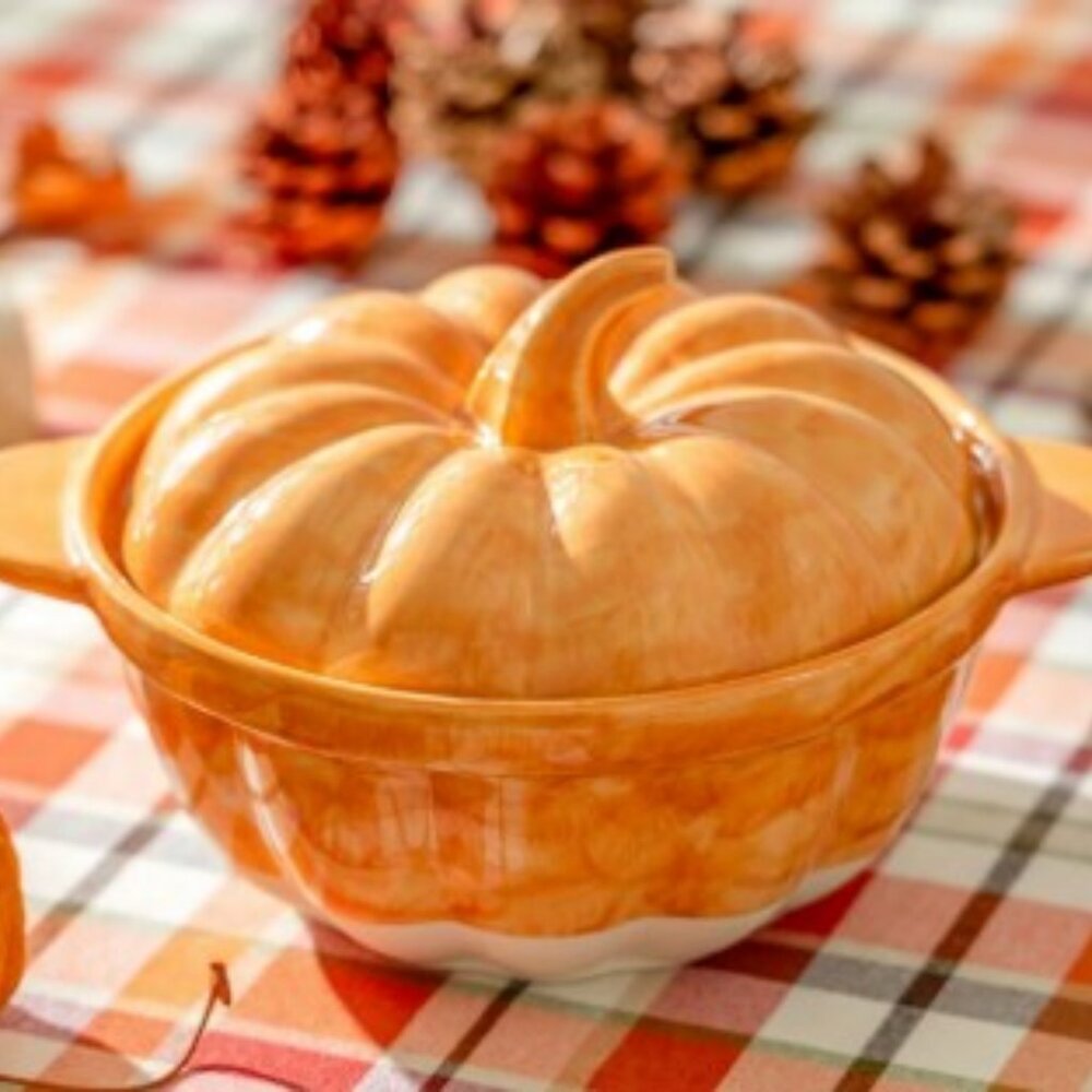 Grace Teaware Orange Pumpkin Figural Reactive 10.5” Glaze Baking Dish with Lid